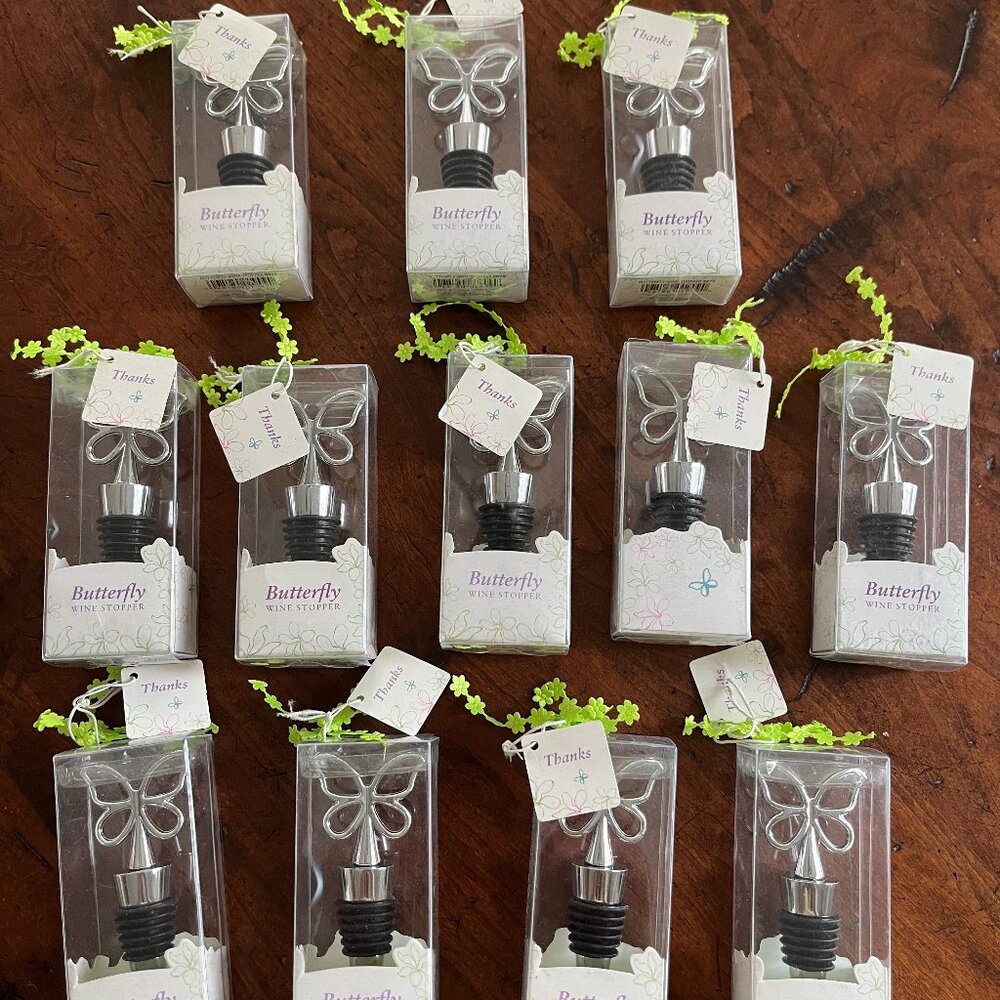 NWT 12 Shower Favors-Butterfly Wine Stoppers in Gift Boxes with "Thanks"